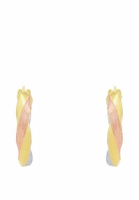 Vridna hängande örhängen i metall med gula, silver och rosaguld toner, med en slät yta och elegant design.