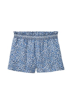 Shorts à motif floral bleu et blanc avec une taille élastique et un détail froncé en haut.
