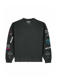 Črna sweatshirt s krojaškim ovratnikom in rebrastimi manšetami. Oznake v beli, rdeči in modri barvi na rokavih, vključno s tekstom in simboli.
