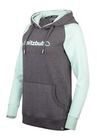 Kapuzensweatshirt mit grauem Körper und mintgrünen Ärmeln. Verfügt über eine Fronttasche, Kordelzüge und den Text "spitzbub" in hellem Mint.