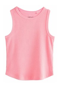 Haut sans manches côtelé en rose vif, avec un col rond et un ourlet droit. Matière en coton douce avec une légère élasticité.