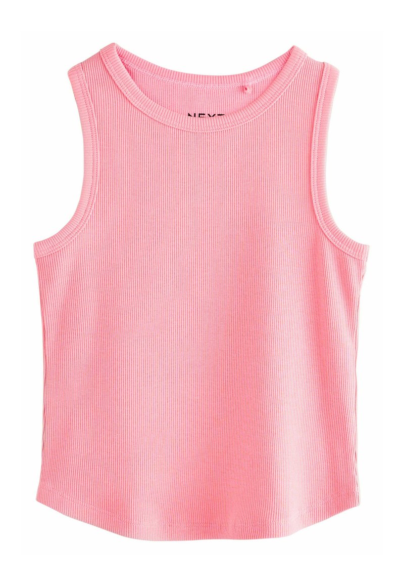Haut sans manches côtelé en rose vif, avec un col rond et un ourlet droit. Matière en coton douce avec une légère élasticité.