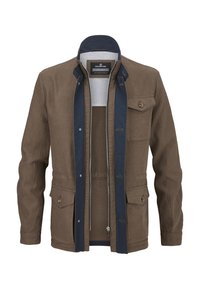 Braune, Baumwollmischung Jacke mit marineblauen Akzenten, Reißverschluss vorne, vier Taschen und verstellbaren Manschetten. Sie hat einen Stehkragen und Druckknöpfe.