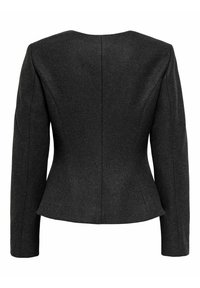 Sako z černé vlněné směsi na míru s dlouhými rukávy, strukturovanými ramenními švy a peplum lemem. Hladká textura a čisté linie.