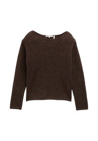 Pull en brun foncé, texturé, avec de longues manches et un large col rond. Design simple, adapté à une tenue décontractée. Coupe courte à l'ourlet.