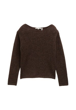 Dark brown, textured sweater with long sleeves and a wide, round neckline. Simple design, suitable for casual wear. Crop cut at the hem.