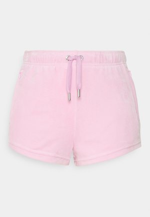 Light pink soft fabric shorts with elastic waistband and drawstring, designed for casual wear.