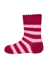 Striped socks in fuchsia and light pink with a scalloped top. Made of a soft knit material, featuring alternating wide and narrow stripes.