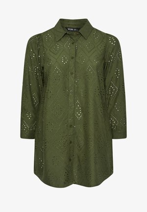 Oliven grøn skjorte i let stof med udskårne diamantmønstre, knaplukning foran og lange ærmer, skræddersyet til en afslappet fit.
