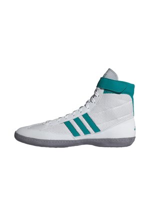Bílé vysoké sportovní boty s tyrkysovými detaily, síťovaný svršek, design se třemi pruhy a šedá gumová podrážka. Velcro pásek kolem kotníku.