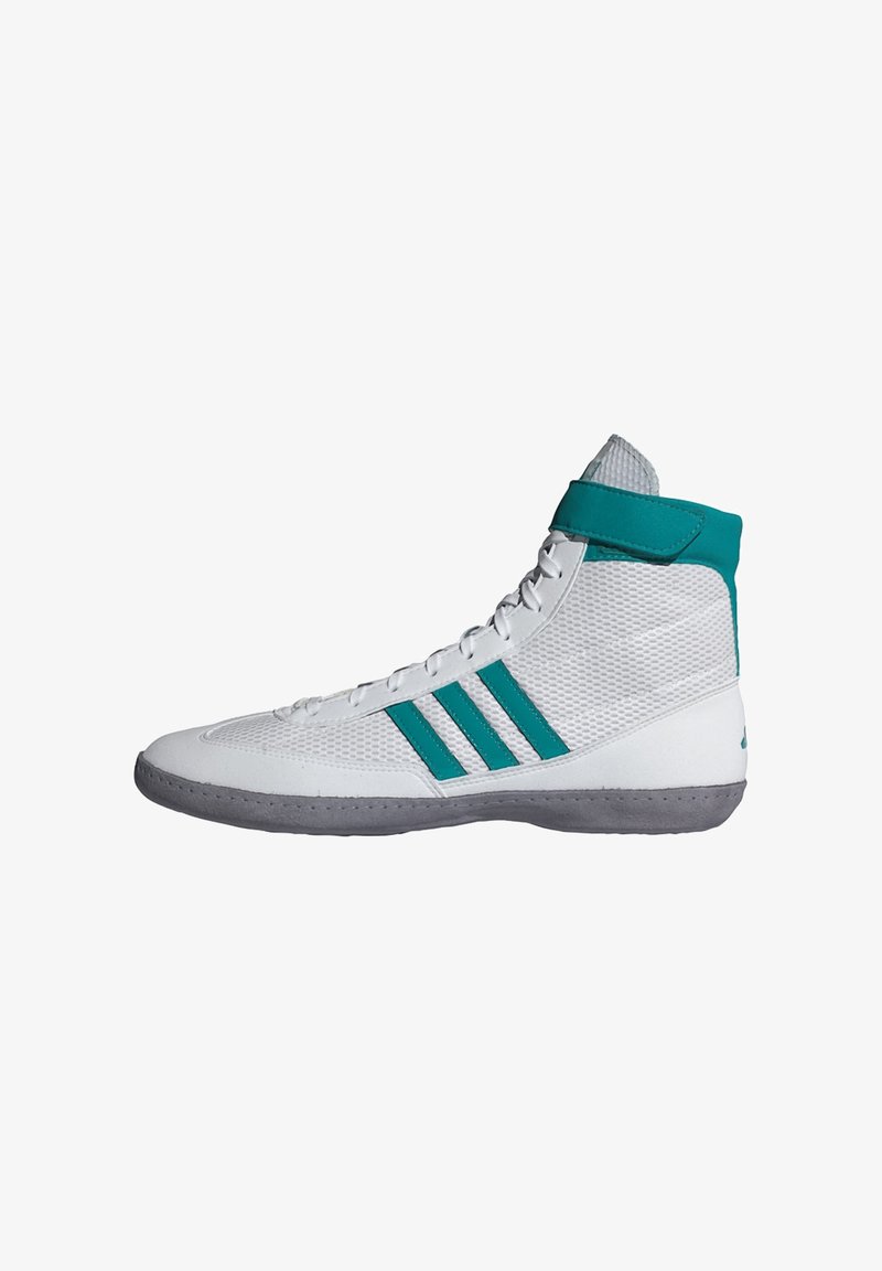 White high-top athletic shoe with turquoise accents, mesh upper, three stripe design, and gray rubber sole. Velcro strap at ankle.