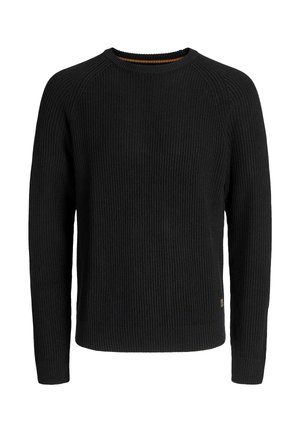 Schwarzer gerippter Pullover mit langen Ärmeln, rundem Ausschnitt und strukturiertem Finish. Besonders ist das kleine Logetikett an der unteren Seite.