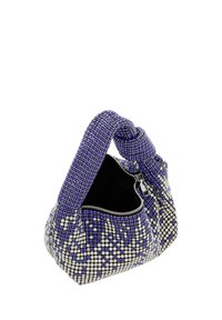 Perlen-Handtasche mit einem geknoteten Griff, ausgestattet mit einer Mischung aus blauen und klaren Perlen, Reißverschlussverschluss und einer strukturierten Oberfläche.