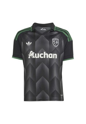 Zwart en donkergrijs sportshirt met patroon, groene strepen op de schouders, groene mouwbies, een kraag en witte Auchan- en RCL-logo’s.