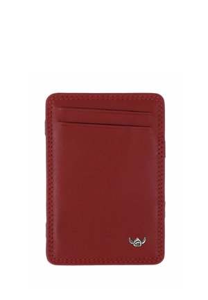 Red leather cardholder with two card slots and a small silver logo featuring a stylized horned helmet in the bottom right corner.