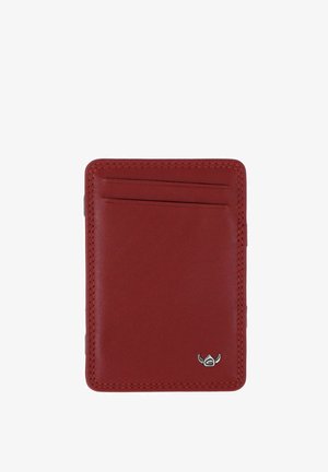 Red leather cardholder with two card slots and a small silver logo featuring a stylized horned helmet in the bottom right corner.
