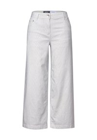 Gestreifte, weite Hosen in Hellblau und Weiß, aus Baumwollmaterial. Mit vorderen Taschen und klassischem Knopfverschluss.