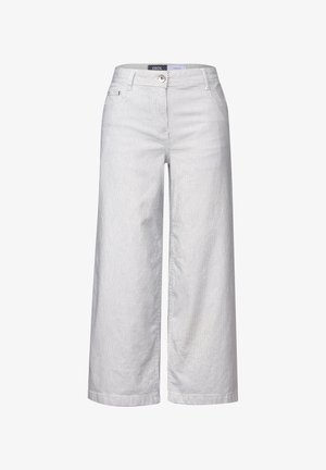 Striped wide-leg trousers in light blue and white, made of cotton material. Features front pockets and a classic button closure.