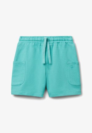 Turquoise katoenen shorts met een elastische tailleband, een trekkoord, twee zijzakken en een gestructureerd oppervlak. Kenmerkend zijn de gestikte details.