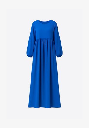 Sukienka z długim rękawem w kolorze niebieskim, z okrągłym dekoltem, marszczonym stanem i płynną sylwetką, wykonana z gładkiej tkaniny o minimalistycznym designie.