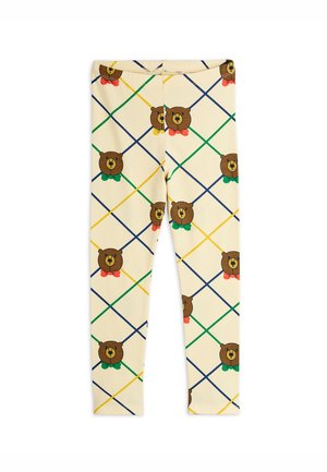 Leggings made of soft fabric, featuring a cream background with a grid pattern in blue, green, and yellow, and repeated bear designs.