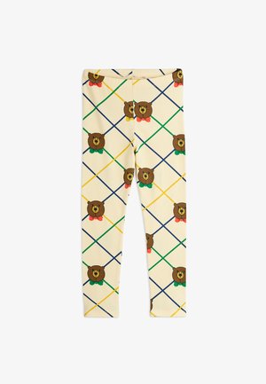 Leggings aus weichem Stoff, mit einem cremigen Hintergrund und einem Karomuster in Blau, Grün und Gelb sowie wiederholten Bärenmotiven.