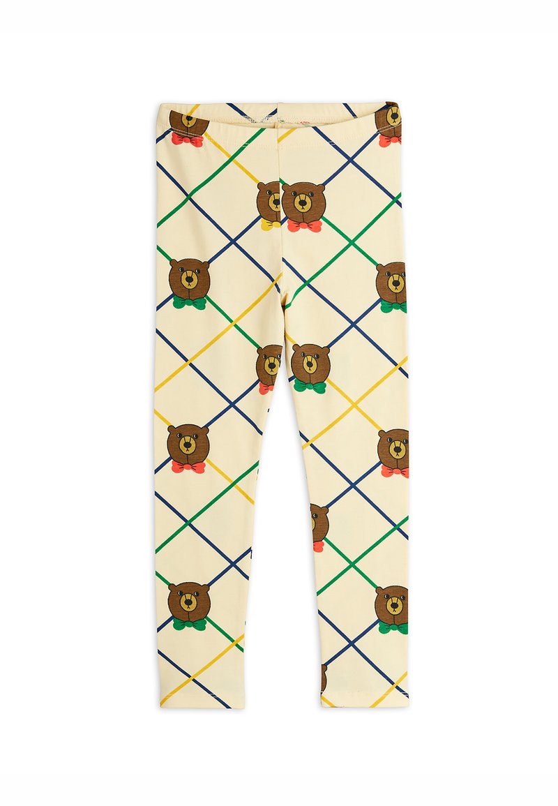 Leggings de tela suave, con un fondo crema y un patrón de cuadrícula en azul, verde y amarillo, y diseños de osos repetidos.