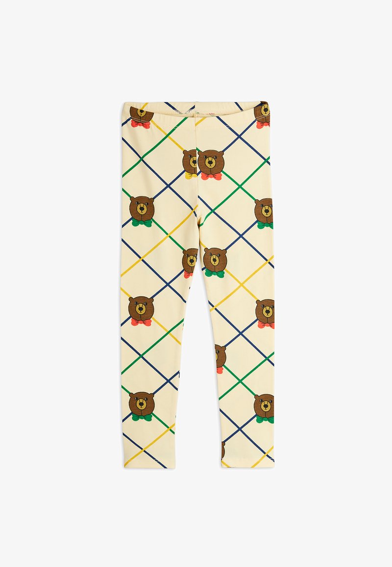 Leggings iz mehkega materiala, s kremno podlago in mrežastim vzorcem v modri, zeleni in rumeni barvi, ter ponovljenimi motivi medvedkov.