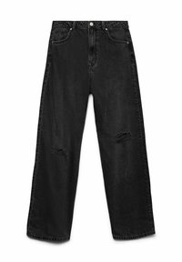 Svart vida jeans i denim, med slitna knän, hög midja och knappknäppning fram med detaljer i silver.