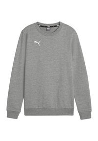 Felpa grigia realizzata in materiale morbido, con scollo rotondo, polsi a costine e un piccolo logo Puma bianco sul lato sinistro superiore.