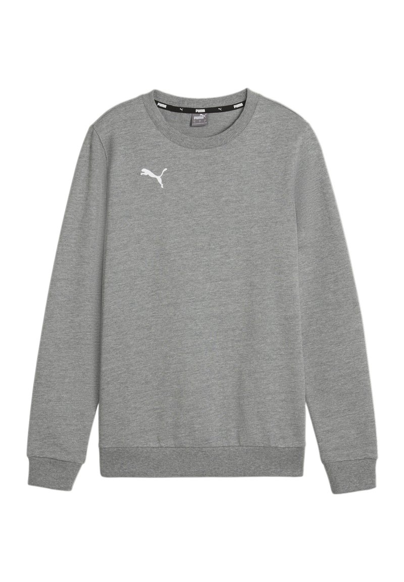 Felpa grigia realizzata in materiale morbido, con scollo rotondo, polsi a costine e un piccolo logo Puma bianco sul lato sinistro superiore.