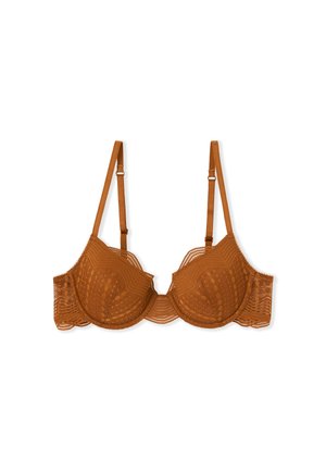 Brązowy koronkowy biustonosz z fiszbinami. Posiada falbaniaste krawędzie i teksturowany wzór. Regulowane ramiączka i zapięcie na zatrzask z tyłu.