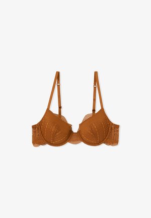 Reggiseno in pizzo marrone con ferretti. Presenta bordi scallop e un motivo texture. Spalline regolabili e chiusura con gancetto e occhiello sul retro.