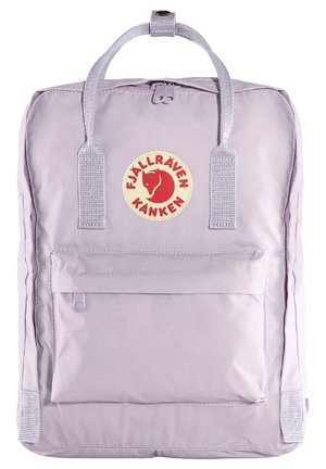 Fjällräven Kanken backpack in light lavender, featuring a front pocket, logo patch, fabric loops, and contrasting stitching details.