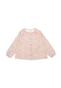 Knopfbluse aus leicht pinkem Stoff mit floralem Muster in Weiß und Orange. Lange Ärmel mit gerafften Ärmelbündchen.