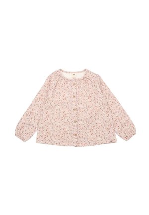 Knopfbluse aus leicht pinkem Stoff mit floralem Muster in Weiß und Orange. Lange Ärmel mit gerafften Ärmelbündchen.