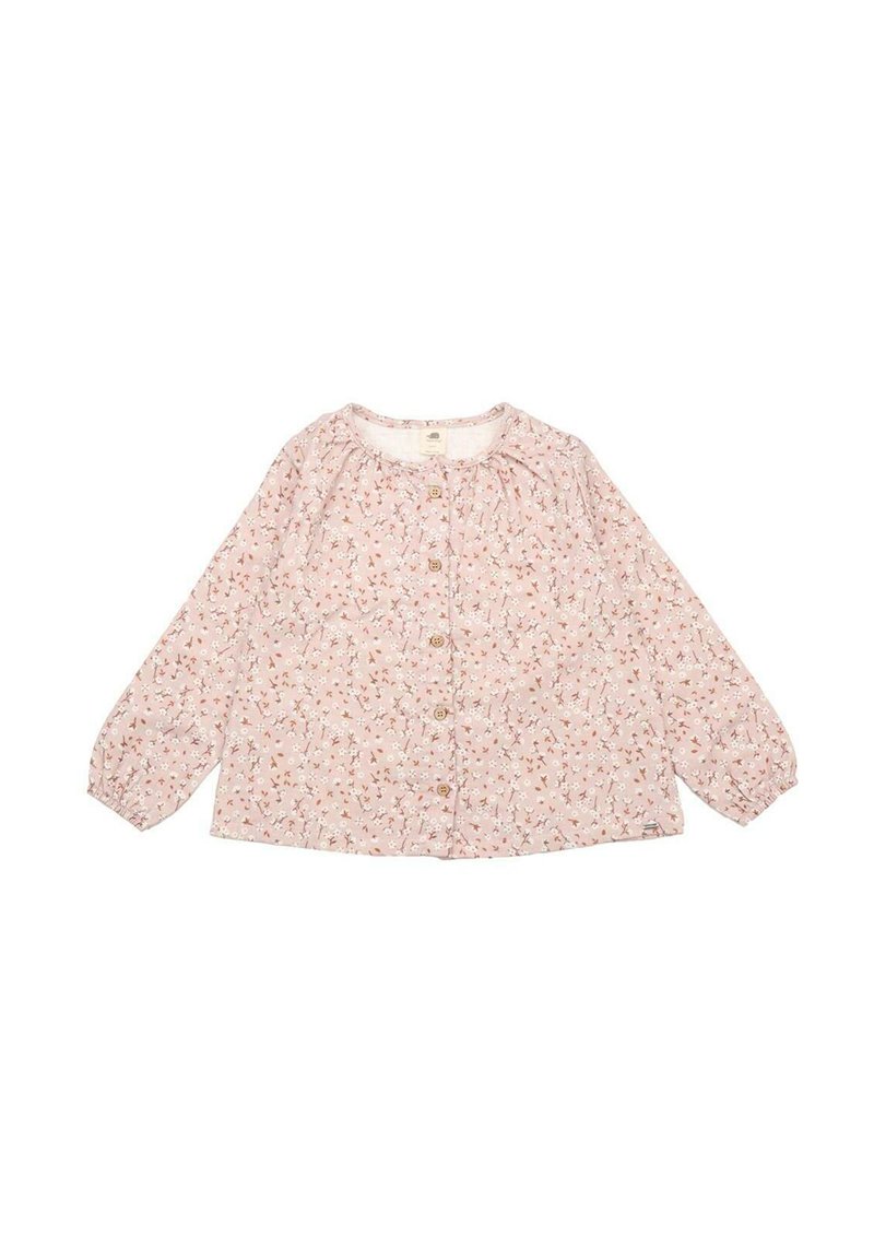 Knopfbluse aus leicht pinkem Stoff mit floralem Muster in Weiß und Orange. Lange Ärmel mit gerafften Ärmelbündchen.