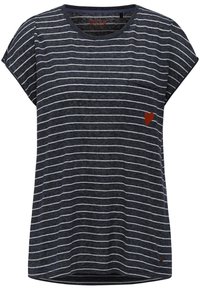 Mörkblå randig T-shirt med korta ärmar, med vita ränder och en röd hjärtdekor på bröstfickan. Mjuk, avslappnad tyg.