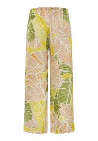 Pantalones ligeros de pierna ancha con un patrón colorido de hojas en verde, amarillo y rosa sobre un fondo crema, con una cintura elástica.