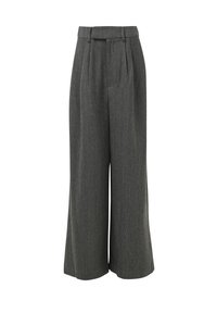 Hoge taille, wijde grijze broeken met een herringbone-patroon en riemlussen, weergegeven op een witte achtergrond.