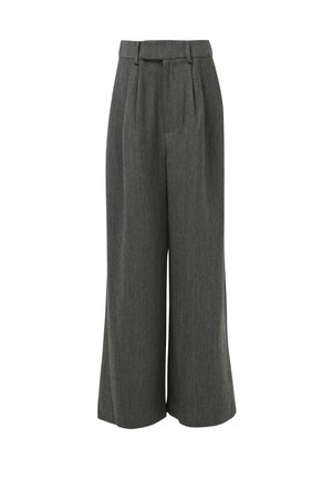 Hoge taille, wijde grijze broeken met een herringbone-patroon en riemlussen, weergegeven op een witte achtergrond.