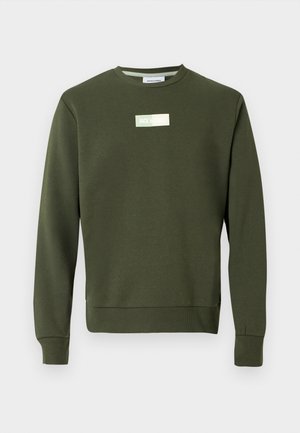 Olive green sweatshirt in cotton blend, featuring a crew neck, ribbed cuffs, and a small rectangular logo on the front.