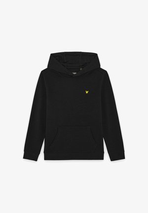 Sweat à capuche noir avec poche avant et petit logo d'oiseau jaune sur la poitrine.