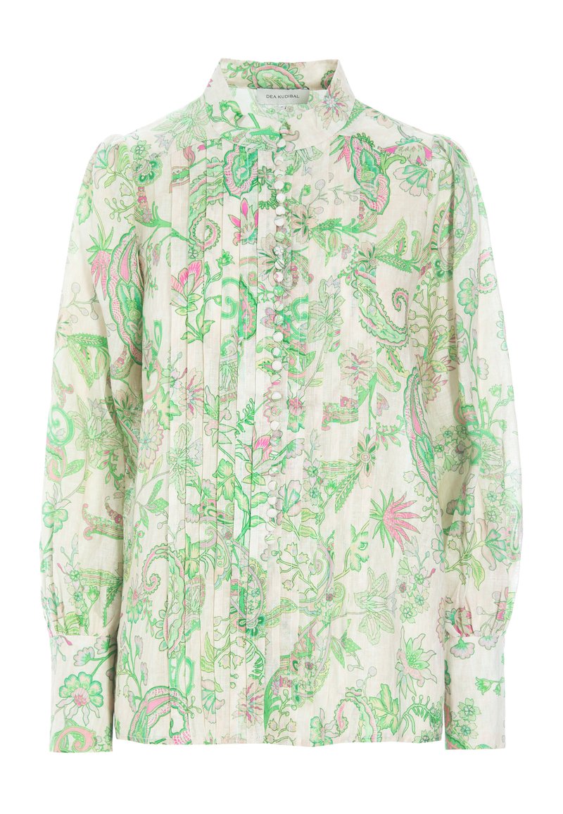 Weißes Bluse mit einem bunten Blumenmuster in Grün und Pink. Verfügt über einen Mandarin-Kragen, einen Knopfverschluss und puffige lange Ärmel.