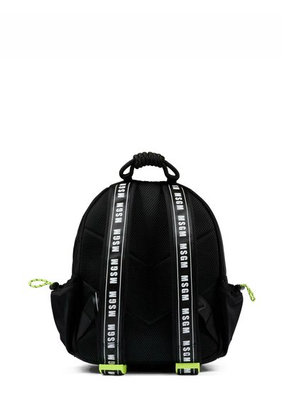 Zaino nero con schienale imbottito, tiranti della cerniera di colore verde neon, manico a spirale e spallacci regolabili marchiati con il testo bianco "MSGM".