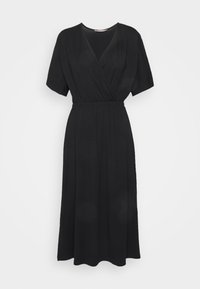 Czarna maxi sukienka z dekoltem w kształcie litery V i krótkimi rękawami. Posiada związany w talii pas i luźną spódnicę. Wykonana z miękkiego, lekkiego materiału.