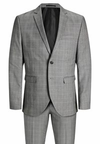 Costume homme deux pièces à carreaux gris avec blazer à un bouton et pantalon assorti, avec revers crantés et poches à rabat.