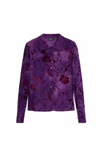 Fialová košeľa s dlhým rukávom a kvetinovým vzorom v tmavších odtieňoch. Vyrobená z mäkkej látky, s button-up prednou časťou a klasickým dizajnom goliera.