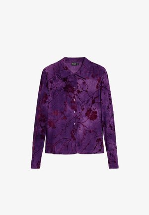 Paarse lange mouwen shirt met een bloemig patroon in donkere tinten. Gemaakt van zachte stof, met een knoopsluiting aan de voorkant en een klassiek kraagontwerp.