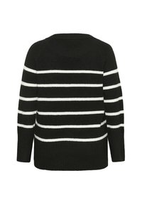 Black and white striped sweater with a relaxed fit, featuring long sleeves and a rounded neckline, made from a soft knit material.